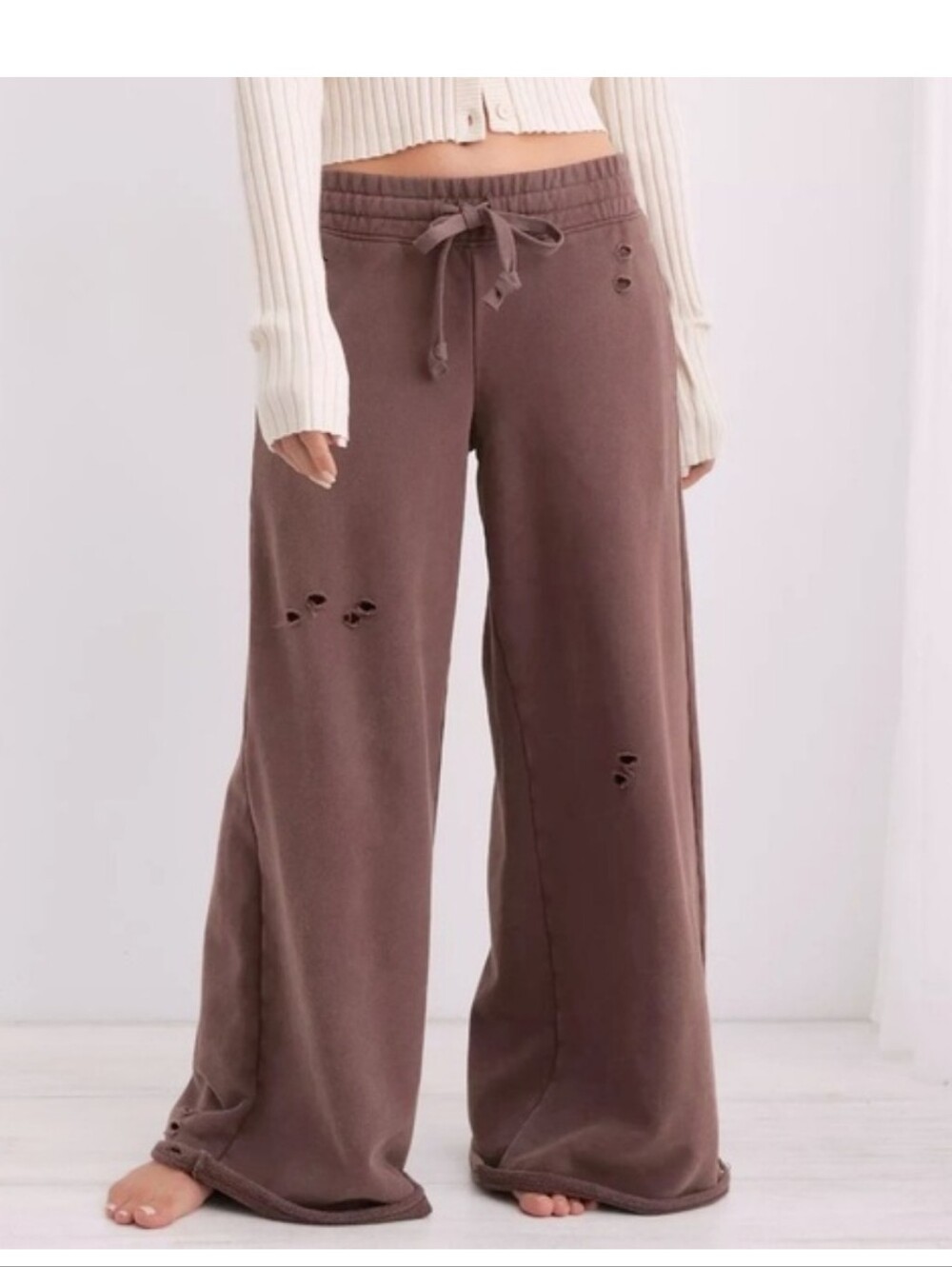 NEW! ~AERIE~ CHOCOLATE BROWN WIDE LEG DISTRESSED SWEATPANTS-L